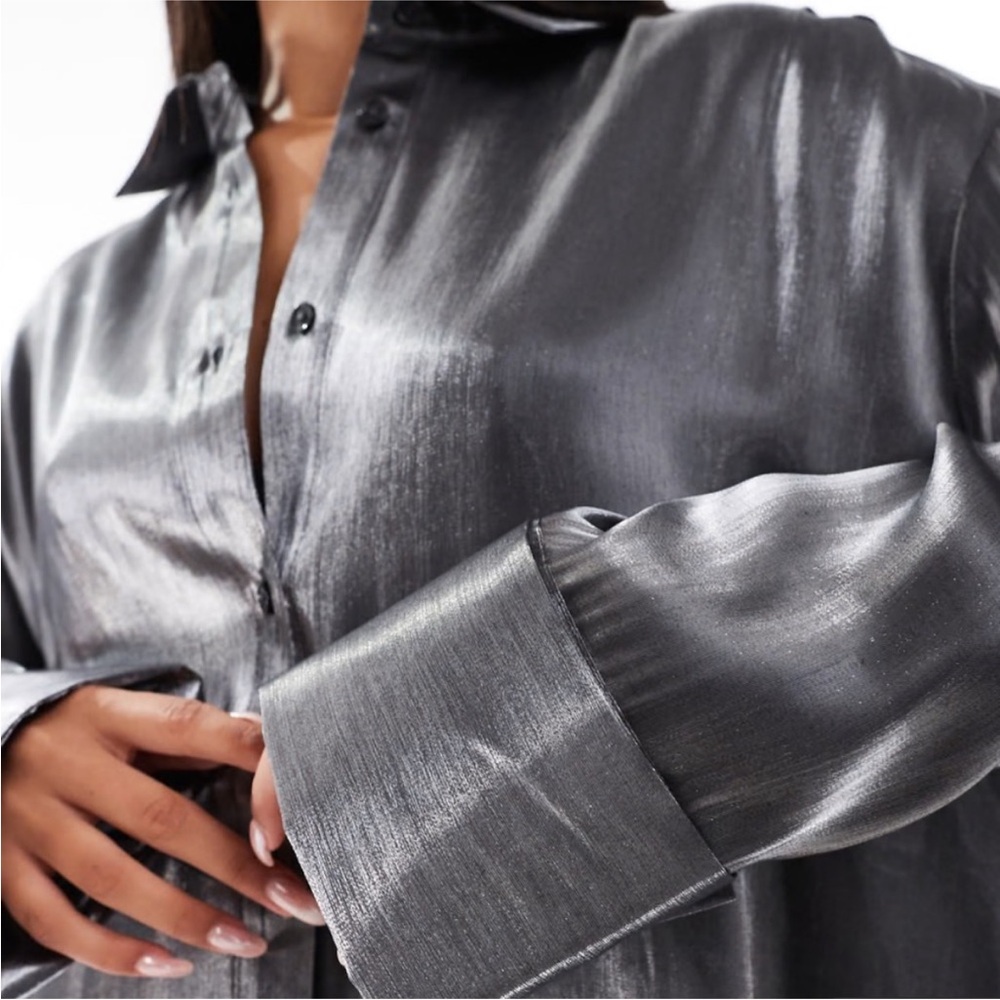 Rachel Roy Shirt Silver Metallic Button-Down Long Sleeves Shirt M Gray - Picture 2 of 15
